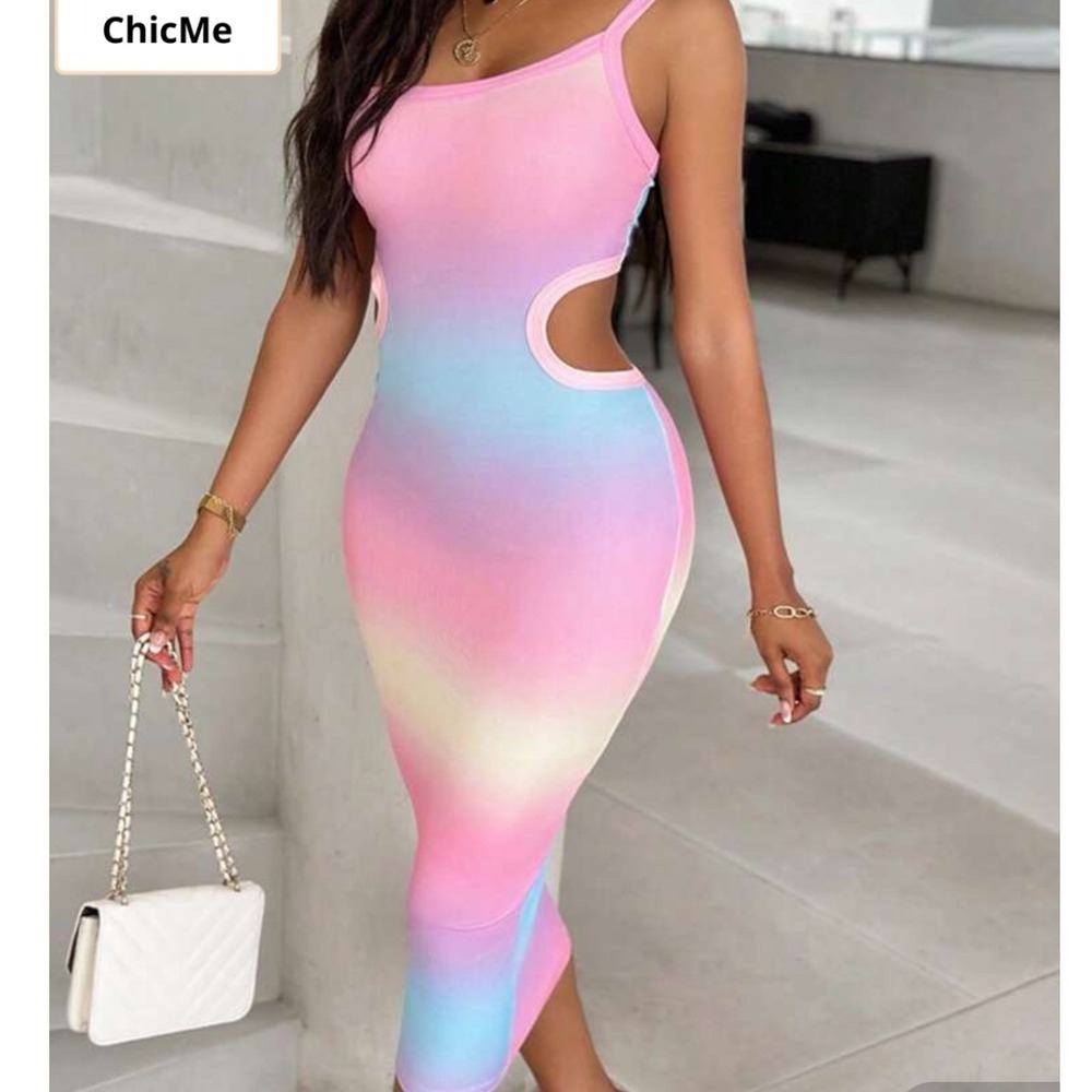 ChicMe Pink Ombre Ribbed Bodycon Midi Dress One Shoulder Cut Outs Womens Small